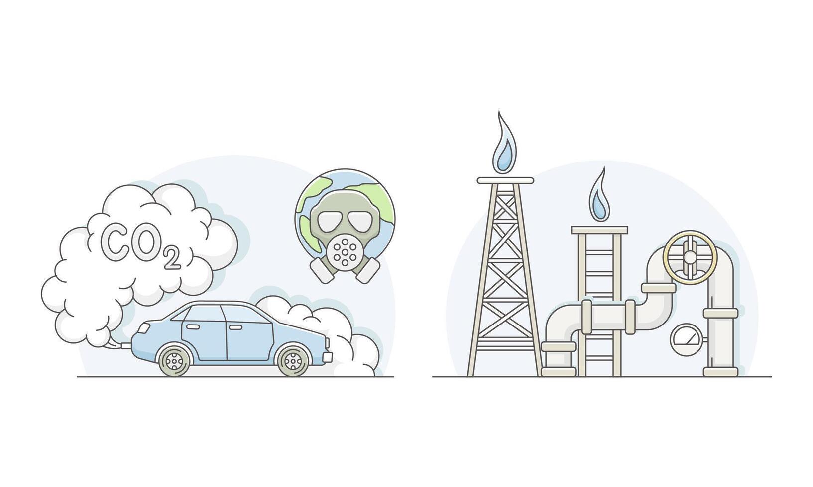 Environmental pollution set. CO2 emissions with transport and industrial burning pipes of factory lined illustration vector