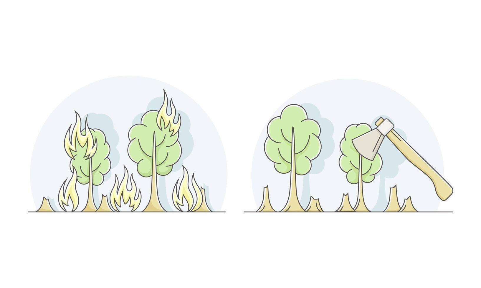 Ecological disasters set. Fires and industrial deforestation lined illustration vector