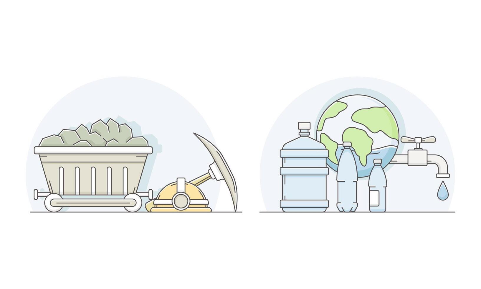 Environmental pollution set. Coal mining and depletion of fresh water reserves lined illustration vector