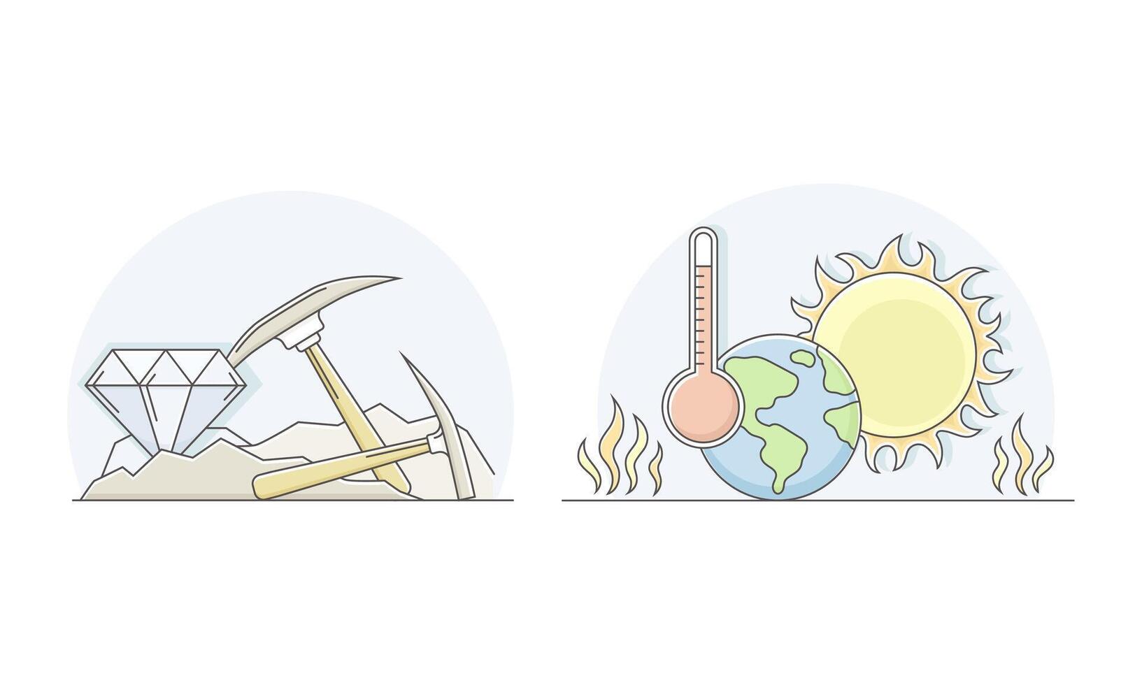 Ecological disasters set. Extraction of minerals and global warming lined illustration vector