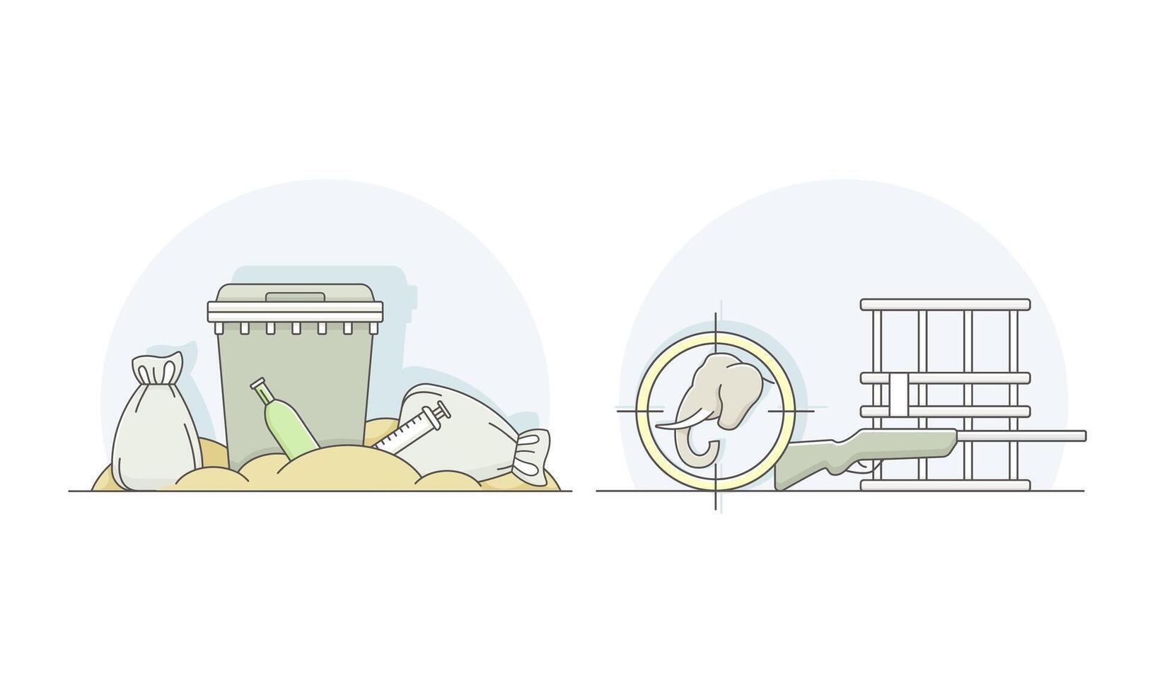 Environmental pollution set. Industrial waste pollution and animal extermination lined illustration vector