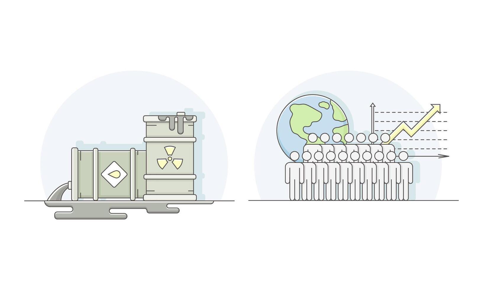 Environmental pollution set. Oil spill, population growth lined illustration vector