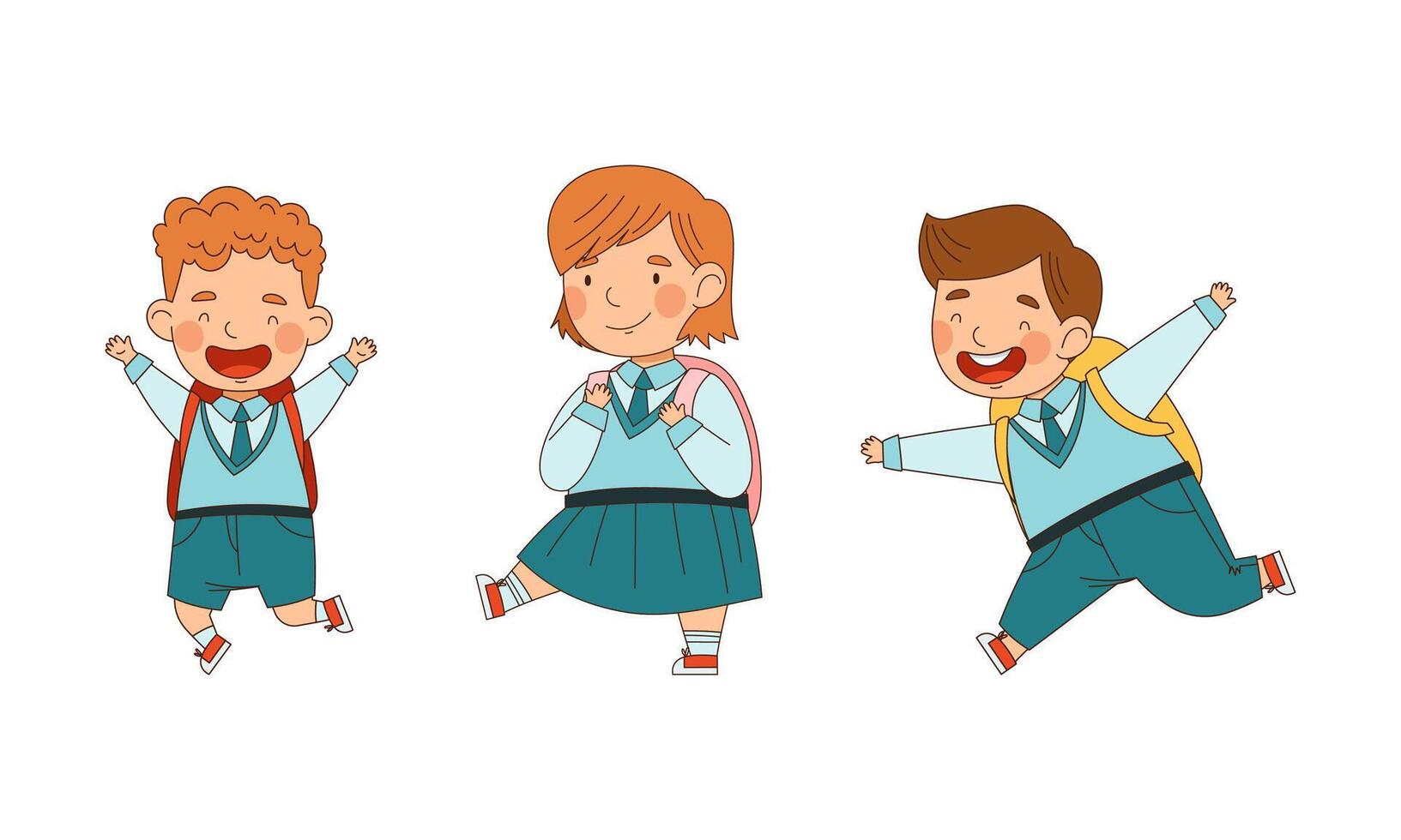 Cute schoolkids in blue uniform going to school set. Happy elementary school students with backpacks cartoon illustration vector