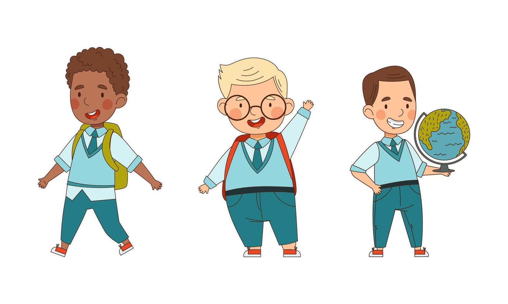 Cute schoolkids in blue uniform going to school set. Happy elementary school student characters cartoon illustration vector