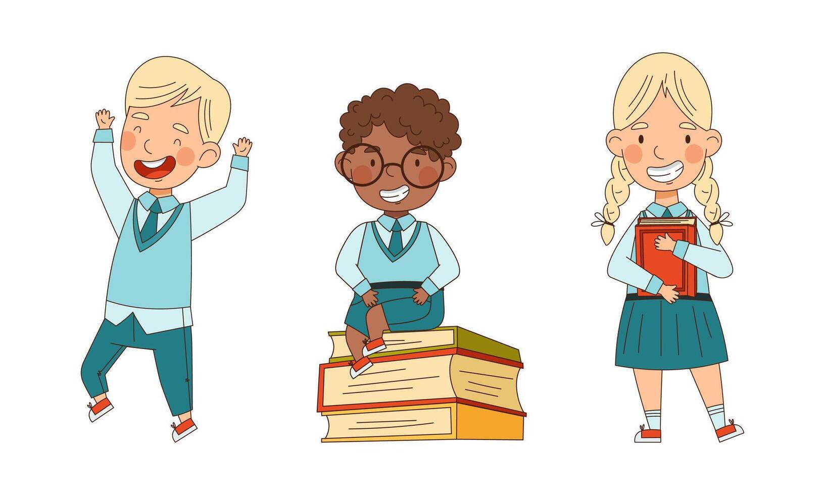 Cute schoolkids in blue uniform going to school set. Joyful elementary school students with books cartoon illustration vector