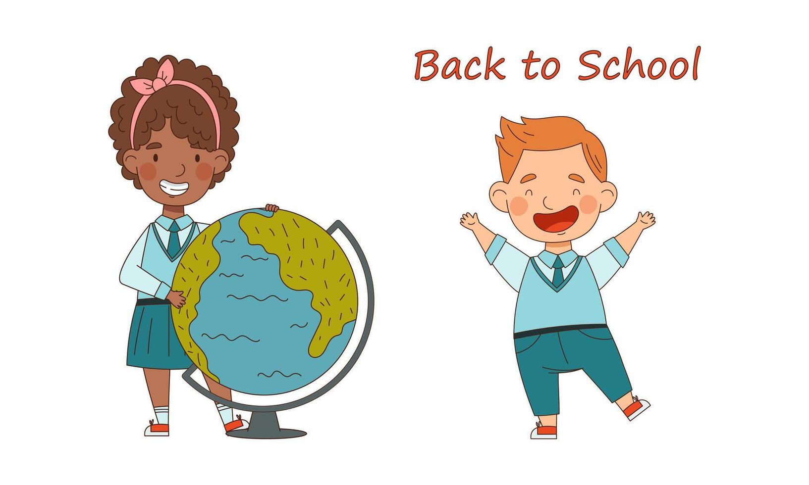 Back to school. Cute schoolkids in blue uniform going to school cartoon illustration vector