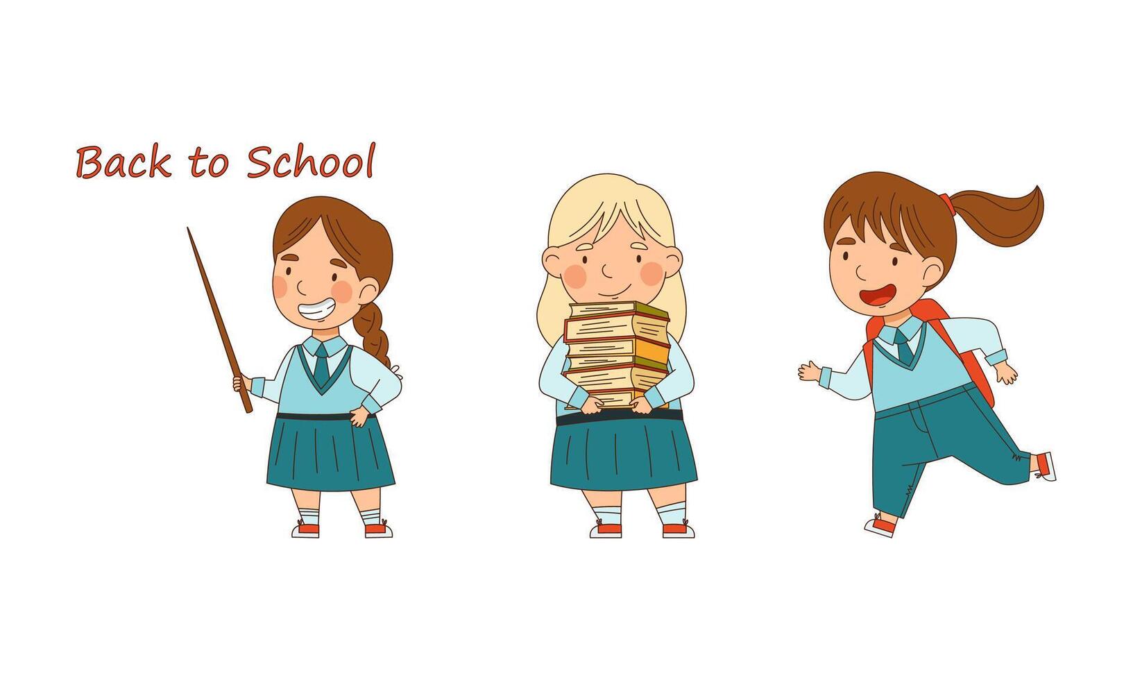 Back to school. Cute schoolgirls in blue uniform going to school cartoon illustration vector