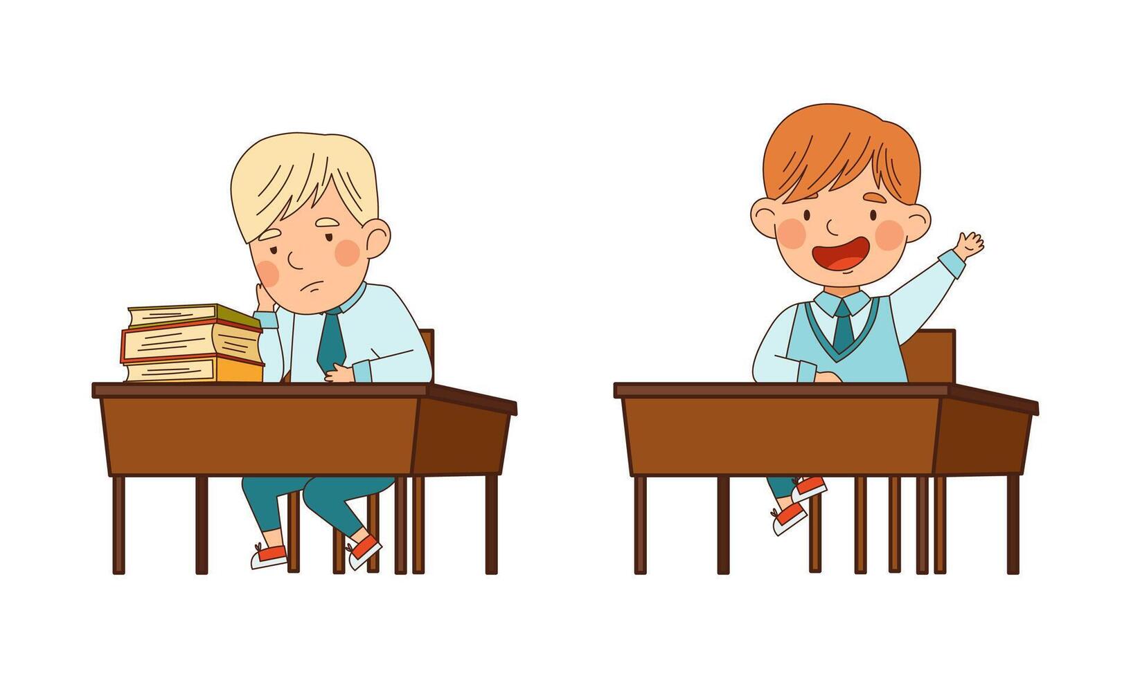 Cute schoolkids in blue uniform sitting at desks. Happy elementary school students studying at school cartoon illustration vector