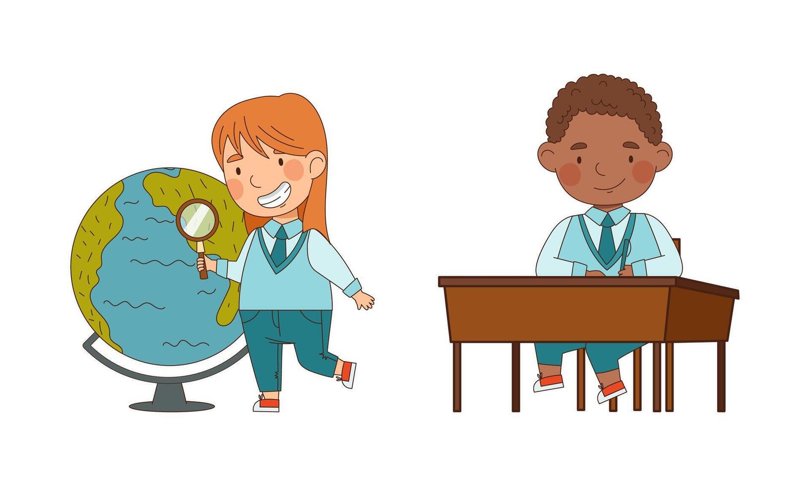 Cute schoolkids in blue uniform studying at school. Happy elementary school students cartoon illustration vector