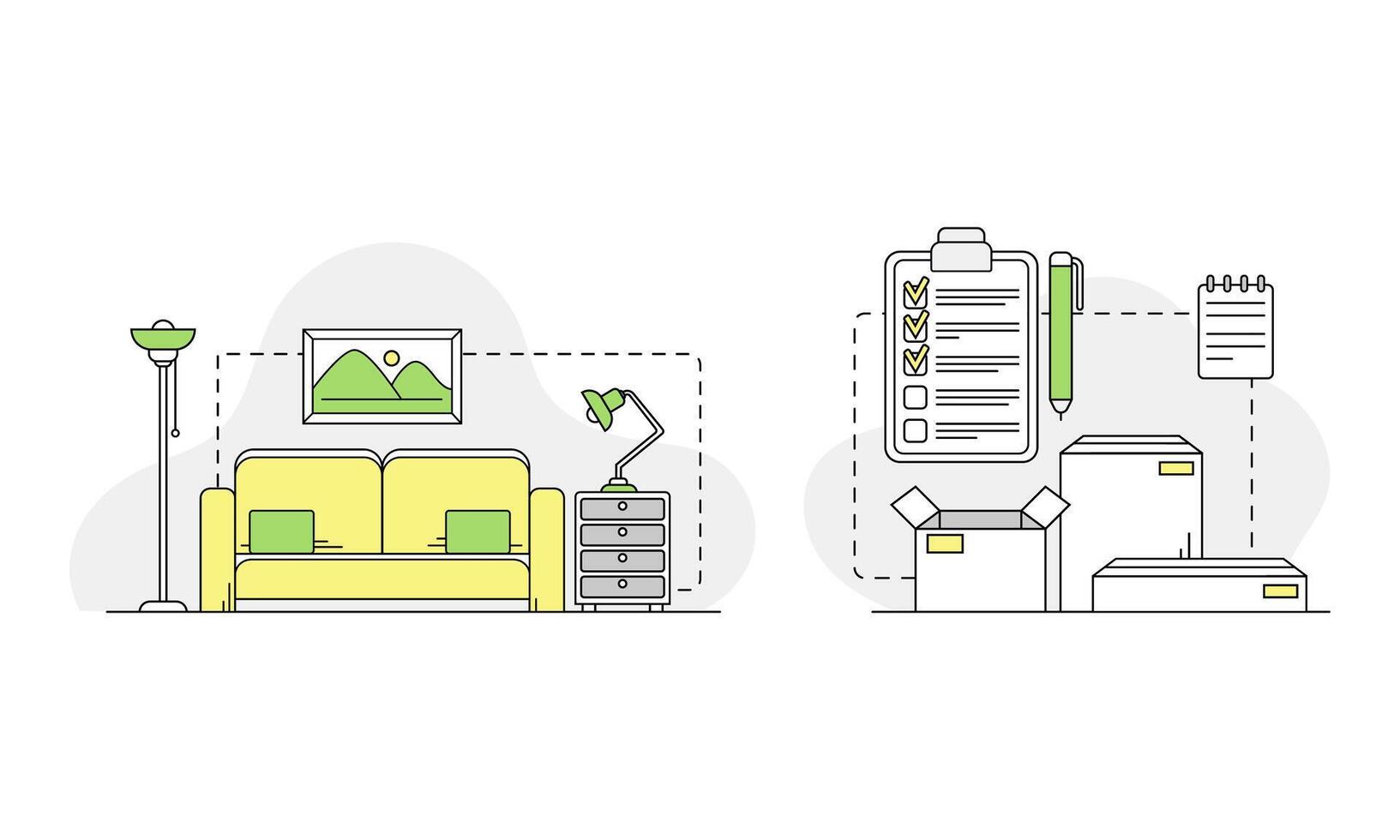 Apartment move. Moving to new house with home furniture and boxes linear illustration vector
