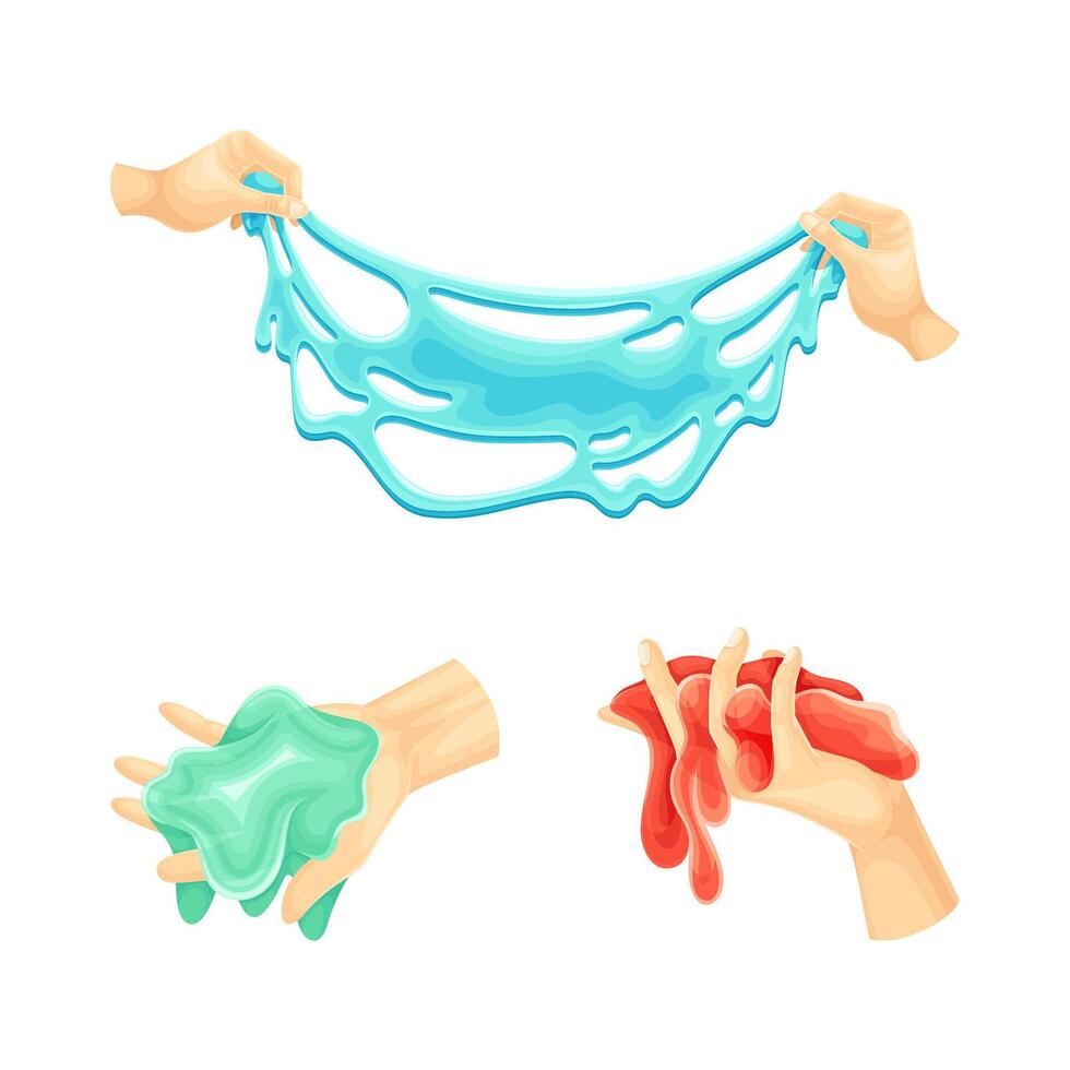 Human hand playing colorful slimes set. Sticky bright liquid hand gum cartoon illustration vector
