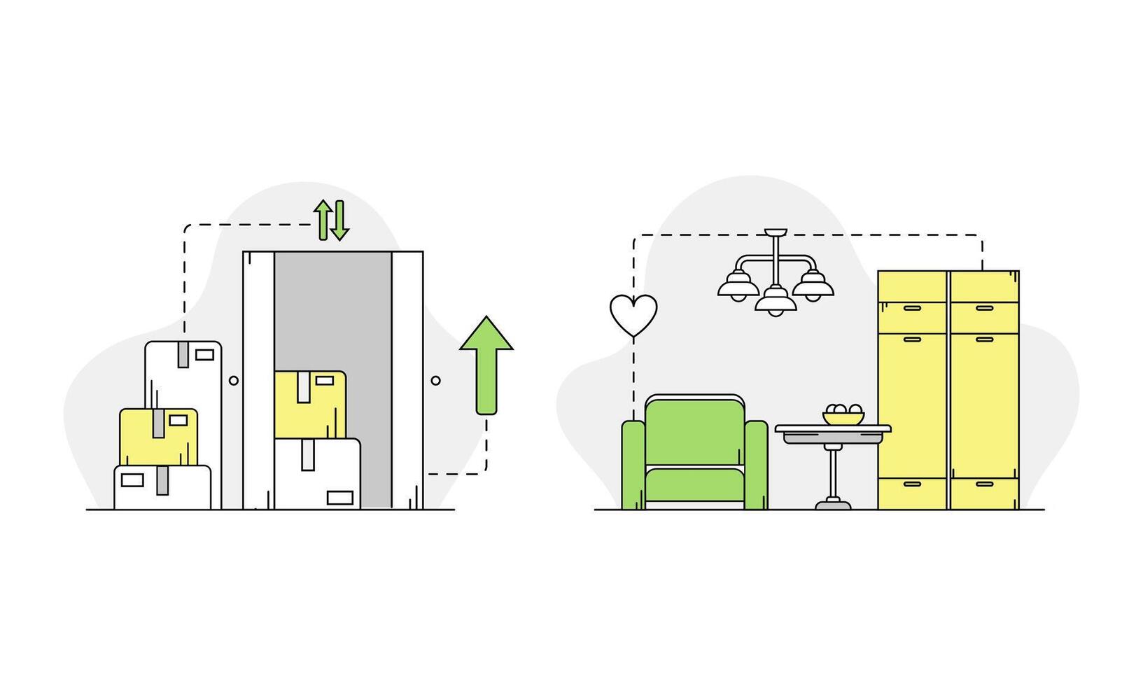 Moving and relocation set. Cardboard boxes with personal belongings linear illustration vector