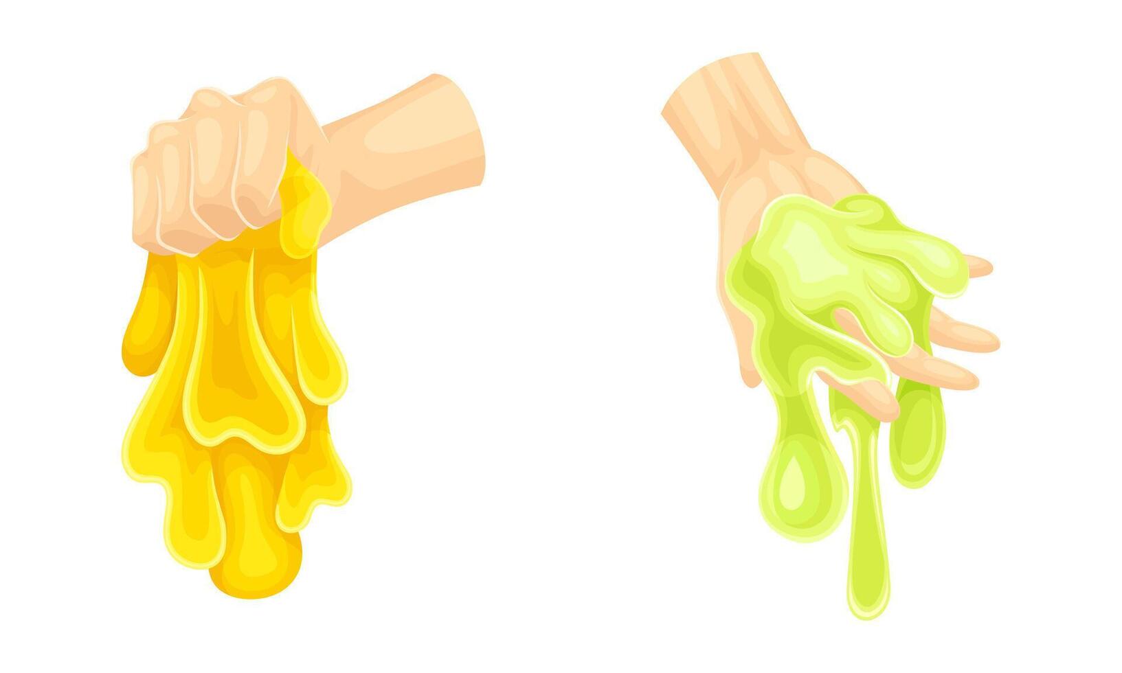 Human hand playing green and yellow slimes set. Sticky bright liquid hand gum cartoon illustration vector
