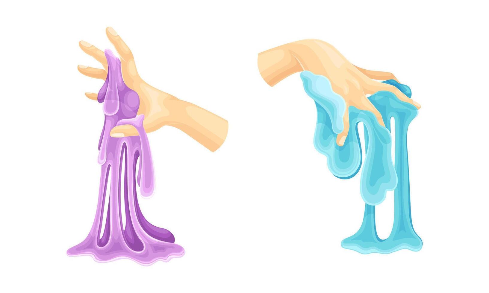 Childish hands playing purple and blue slimes set. Sticky bright liquid hand gum cartoon illustration vector