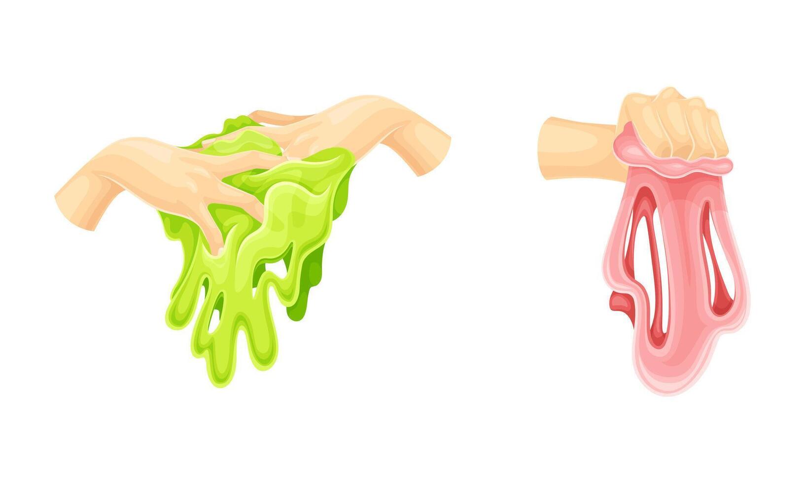 Childish hands playing slimes set. Sticky bright liquid hand gum cartoon illustration vector