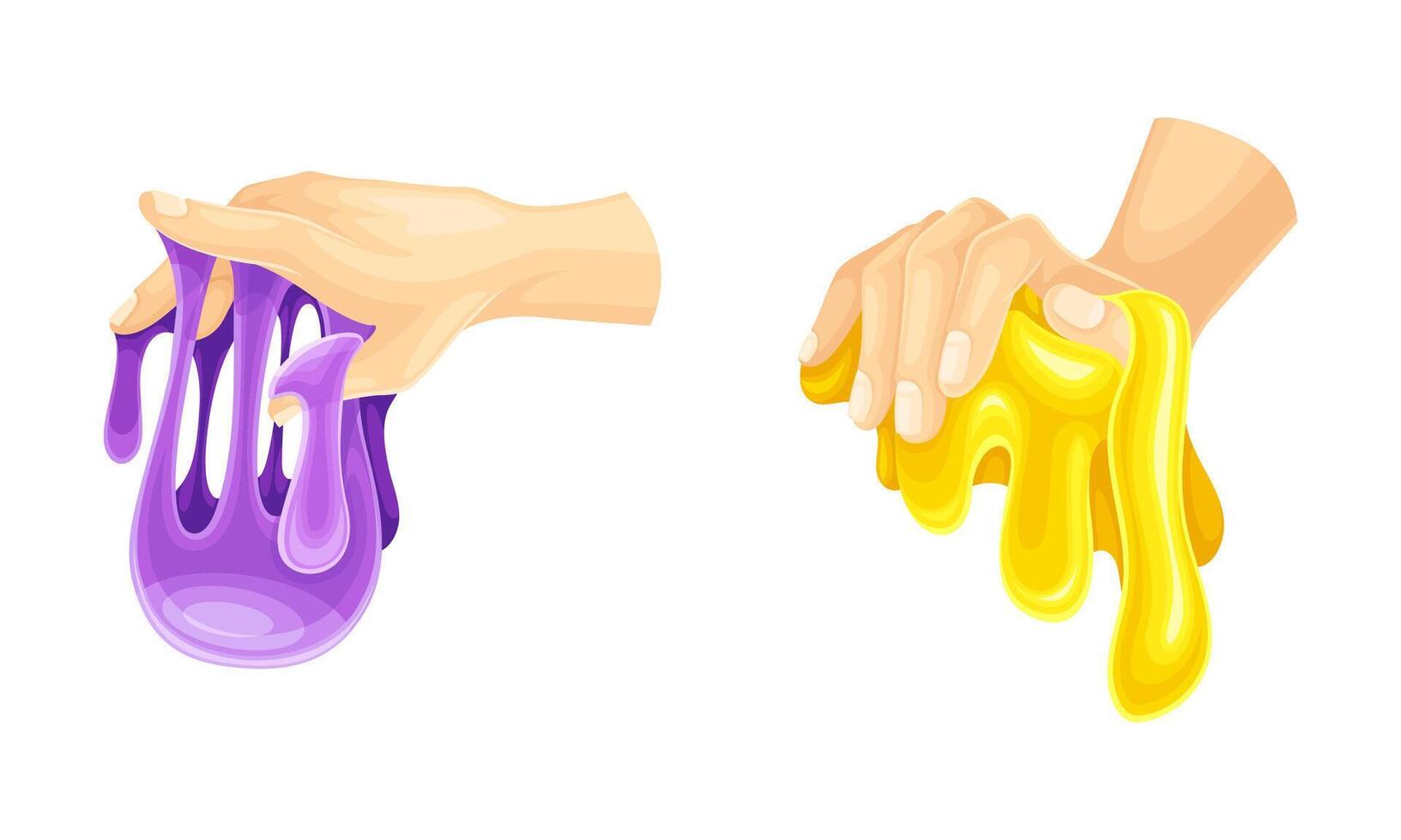 Childish hands playing purple and yellow slimes, sticky bright liquid hand gum cartoon illustration vector