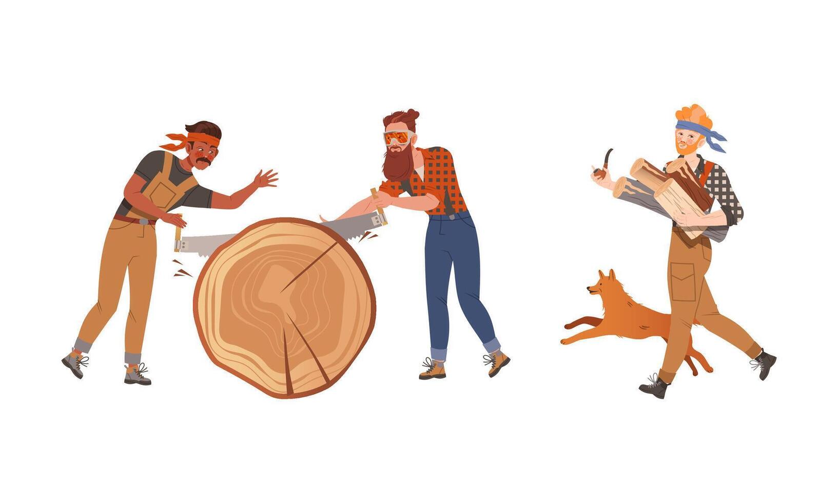 Lumberjacks sawing trees set. Logging industry workers with working tools cartoon illustration vector