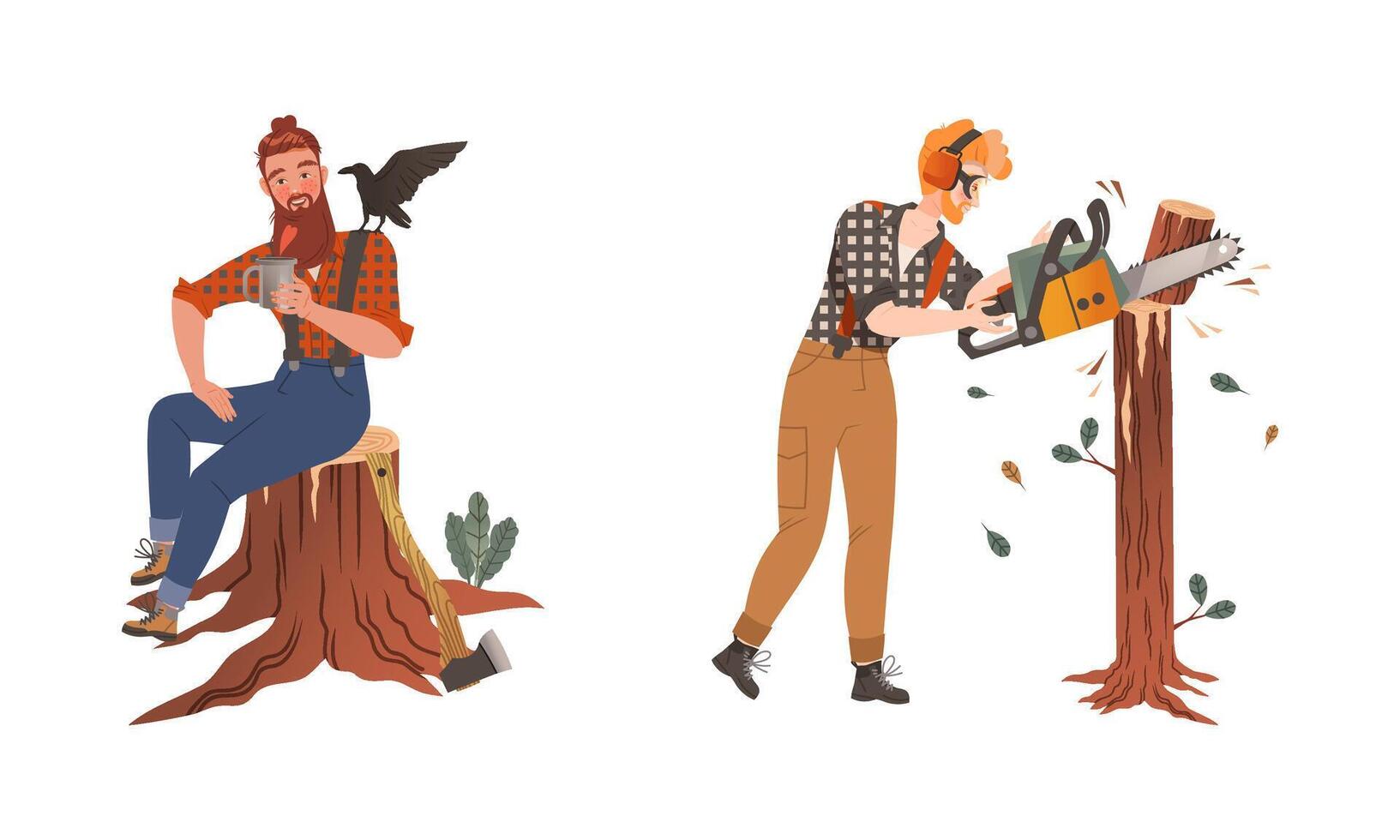 Lumberjack sawing trees with chainsaw set. Logging industry workers working and having lunch cartoon illustration vector