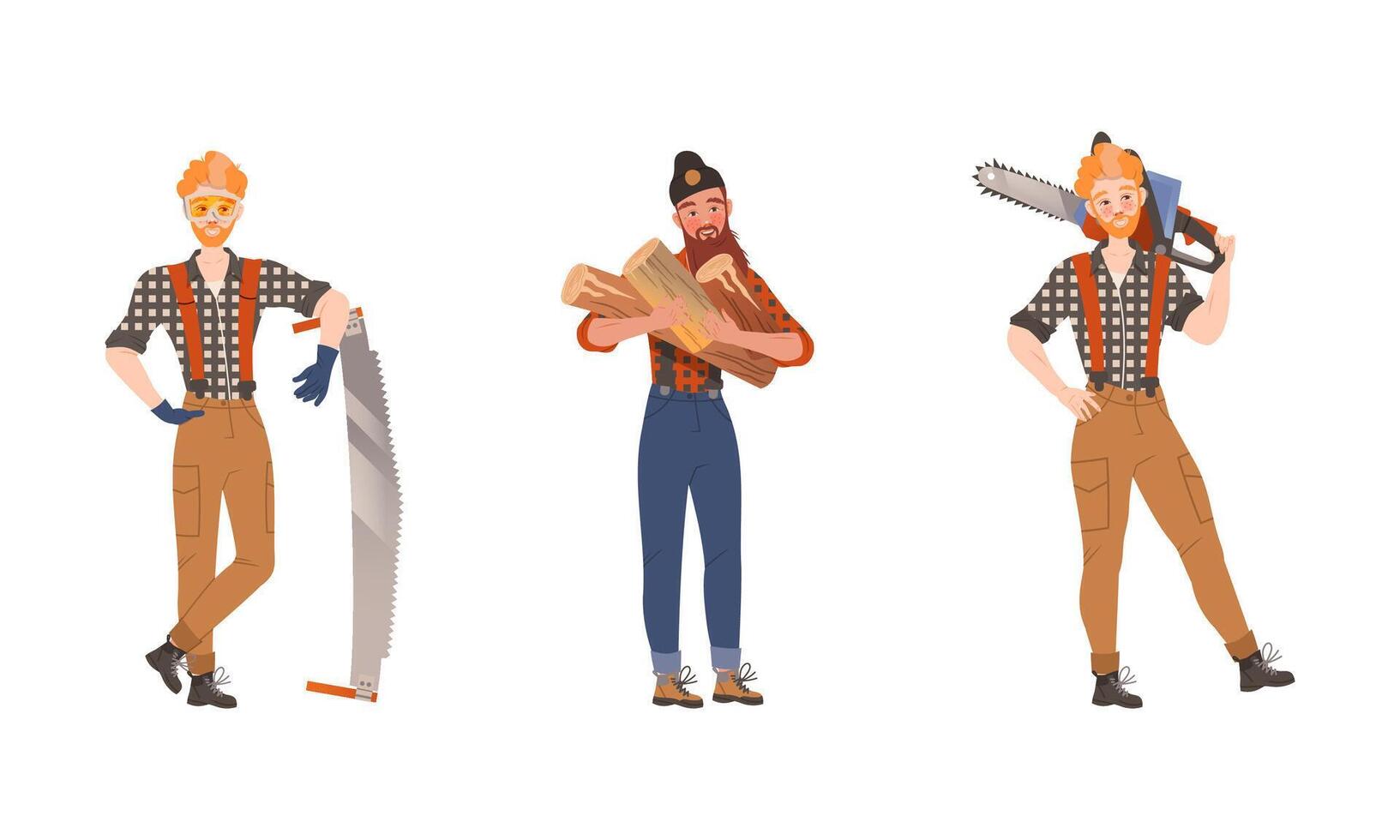 Lumberjacks sawing trees set. Logging industry workers with saw and chainsaw tools cartoon illustration vector