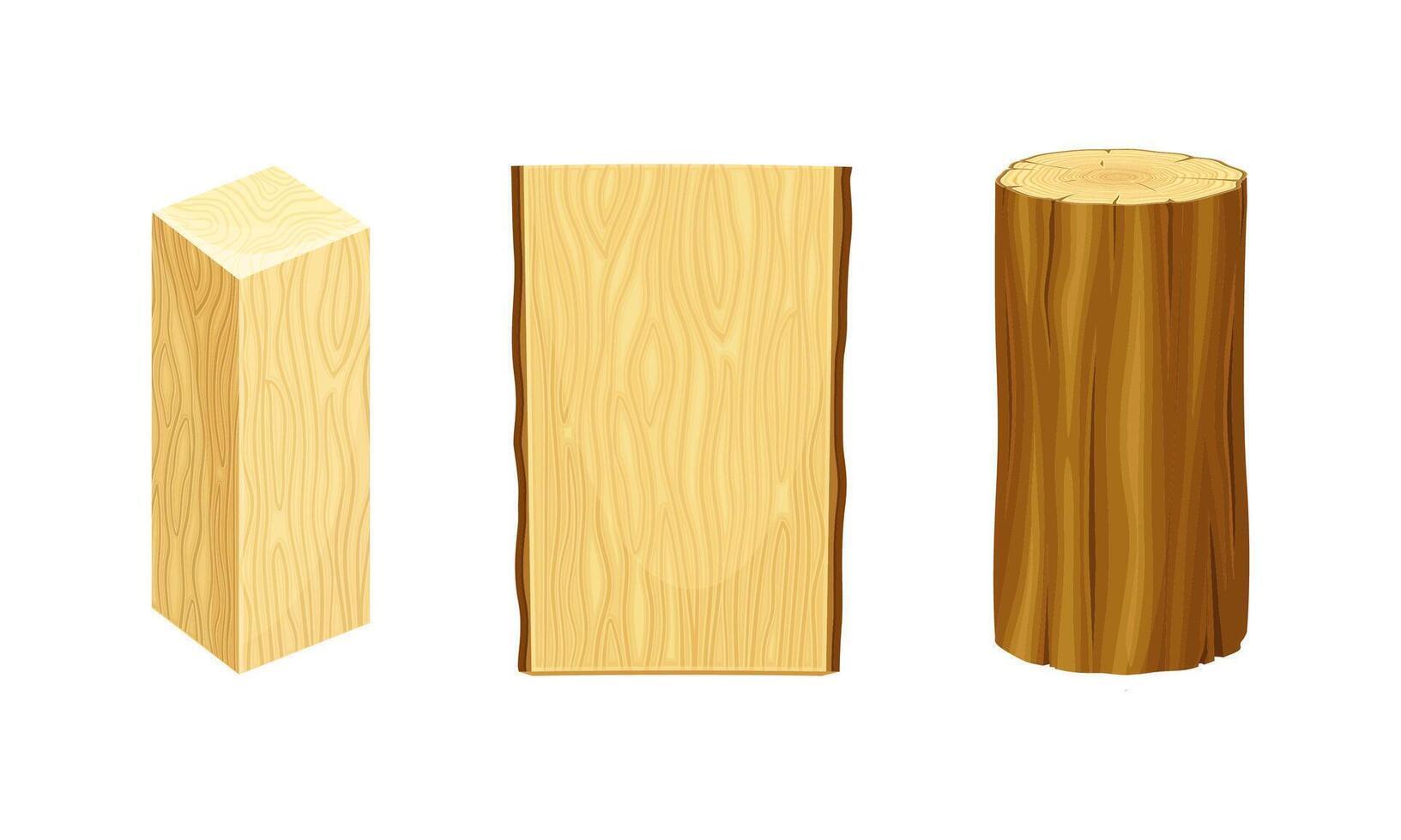 Woodworking industry materials set. Log and wood planks cartoon illustration vector