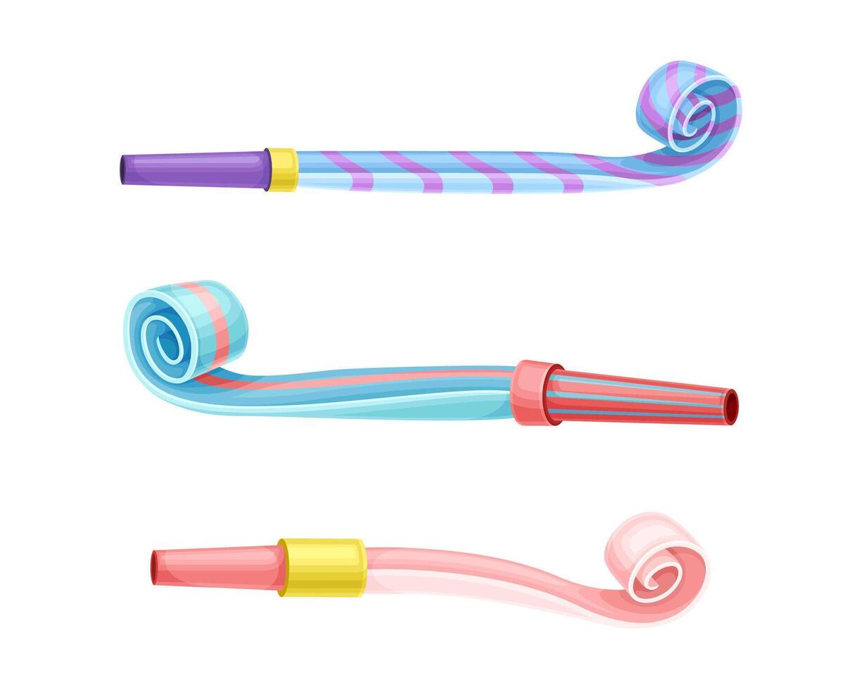 Set of party blower whistles. Happy party, holiday celebration symbol cartoon illustration vector