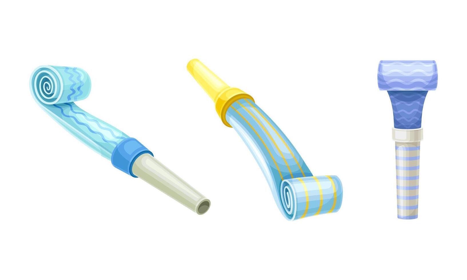 Set of party blower whistles. Birthday party, holiday celebration symbols cartoon illustration vector