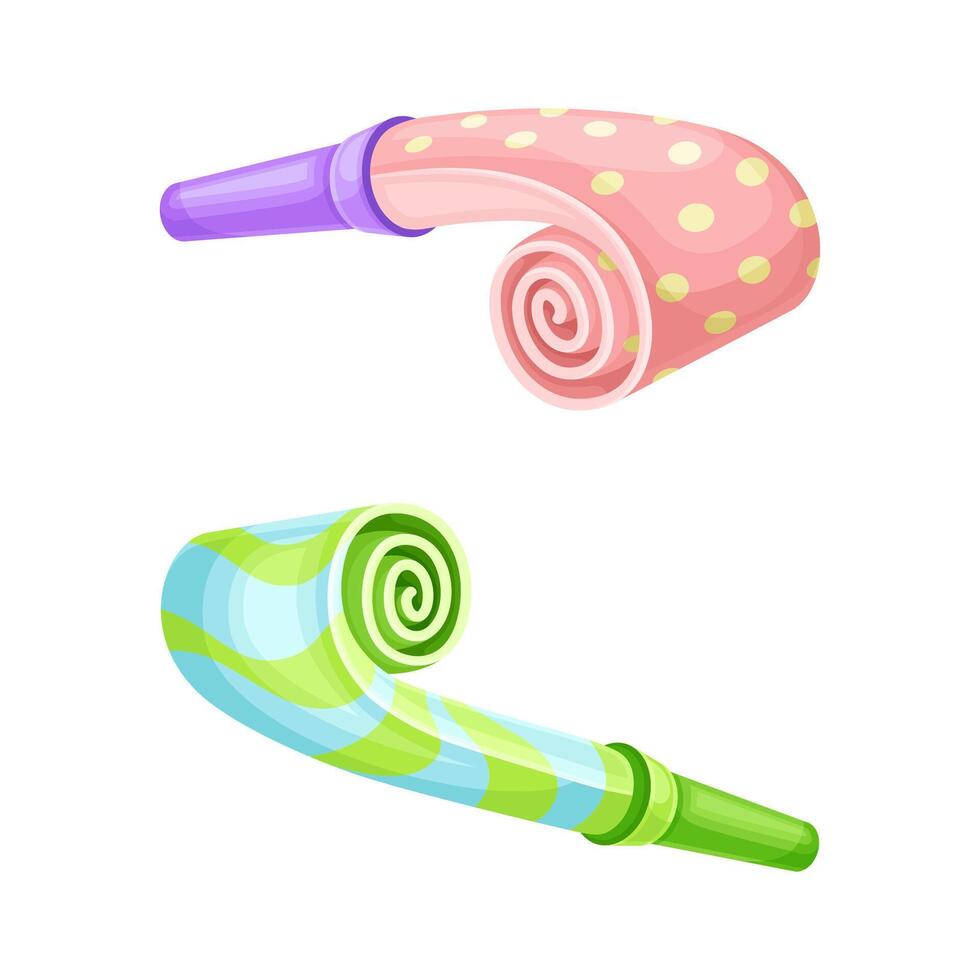 Bright party whistles set cartoon illustration on white background vector