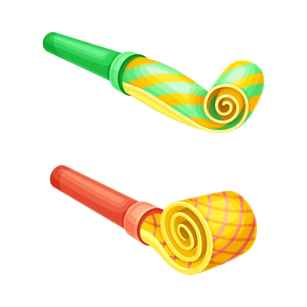 Party blowers set. Happy birthday, holiday celebration symbols cartoon illustration vector