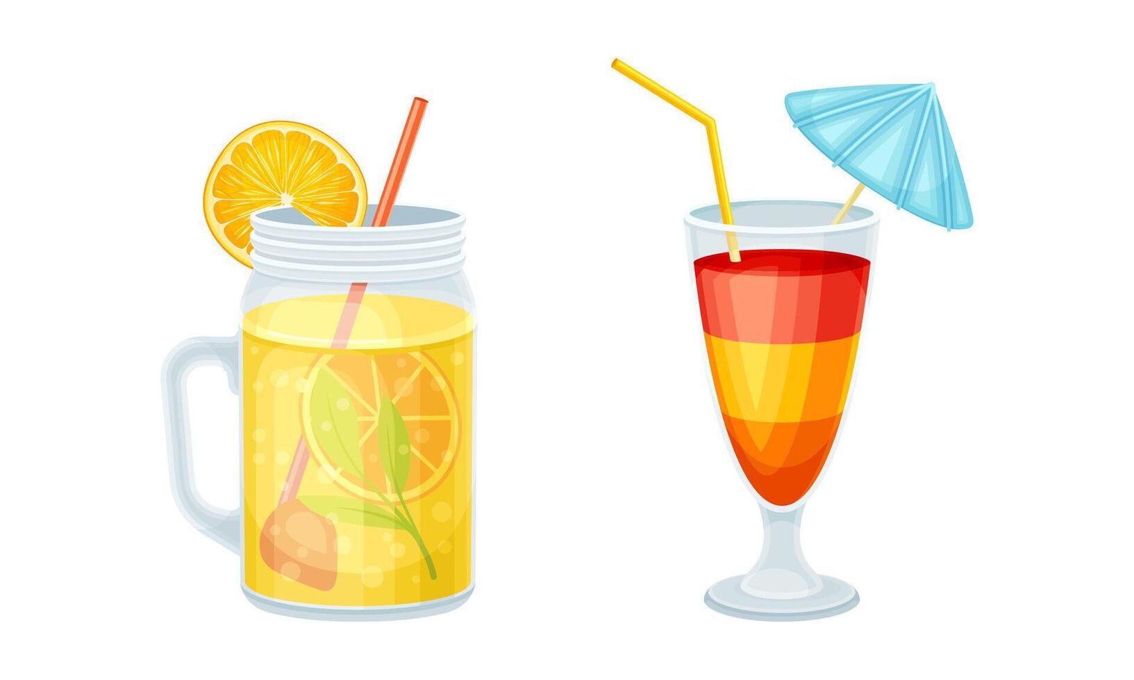 Tropical resort objects set. Exotic citrus cocktail glasses cartoon illustration vector