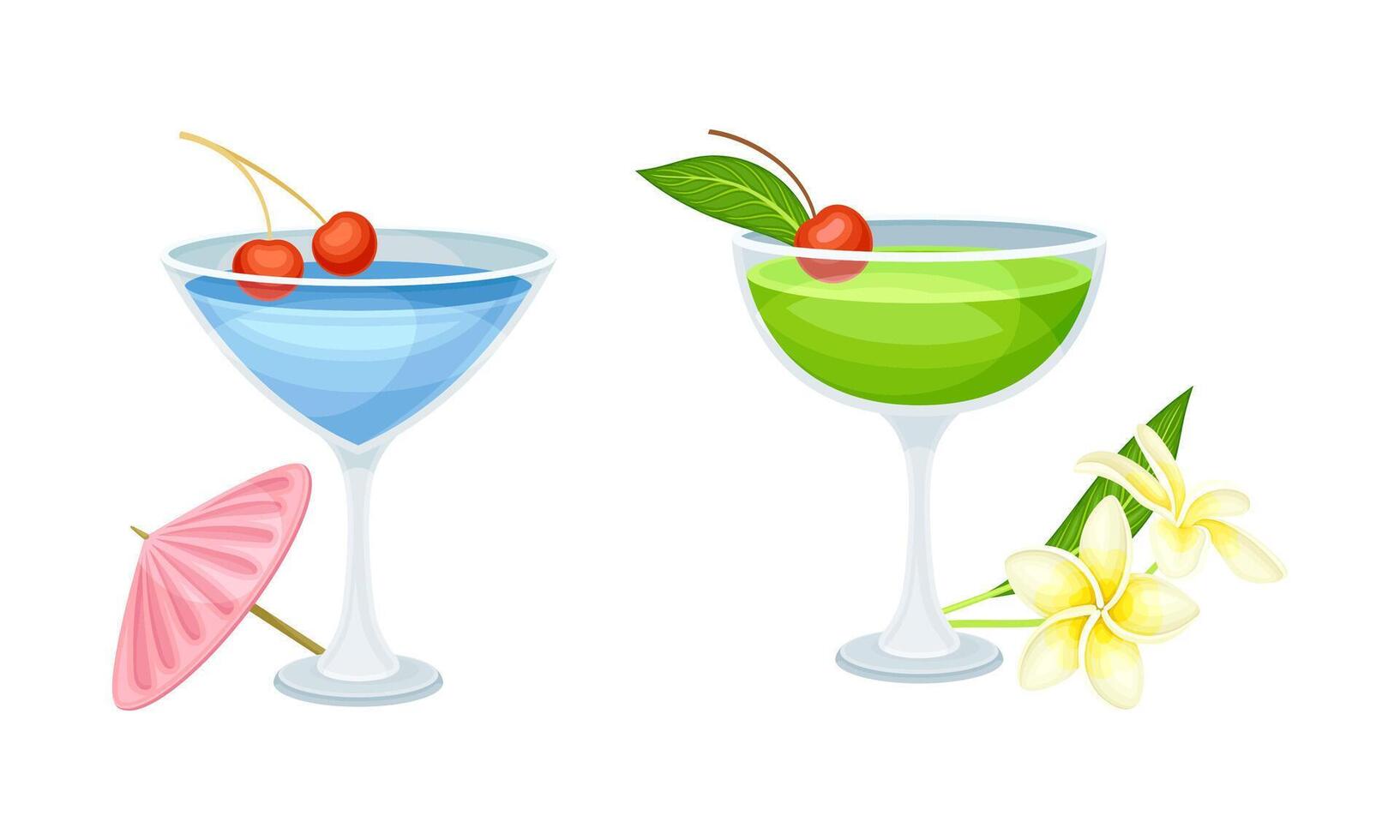Set of exotic tropical cocktail glasses cartoon illustration vector