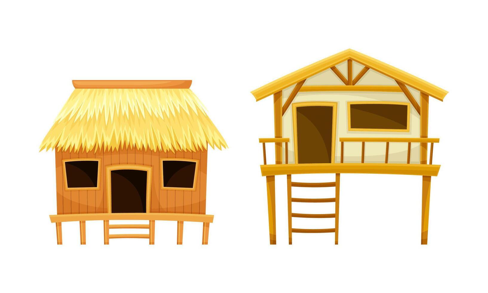 Beach huts or bungalows. Tropical island resort objects cartoon illustration vector