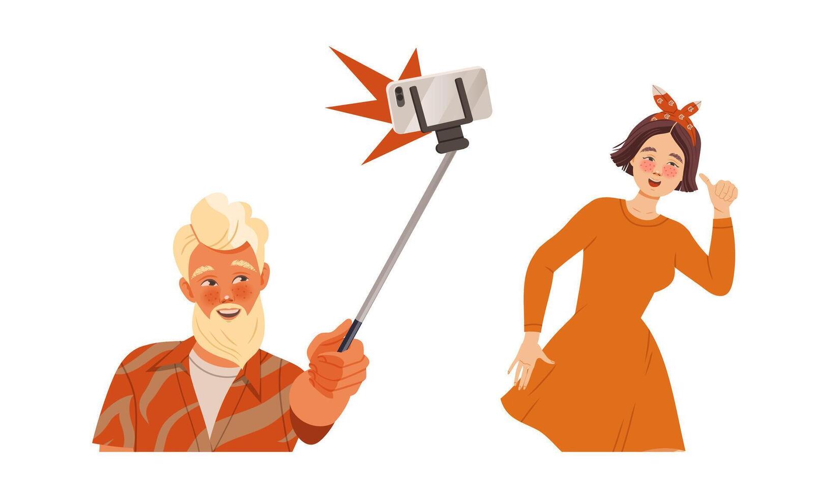 People in trendy fashion clothes set. Hipster man making selfie illustration vector