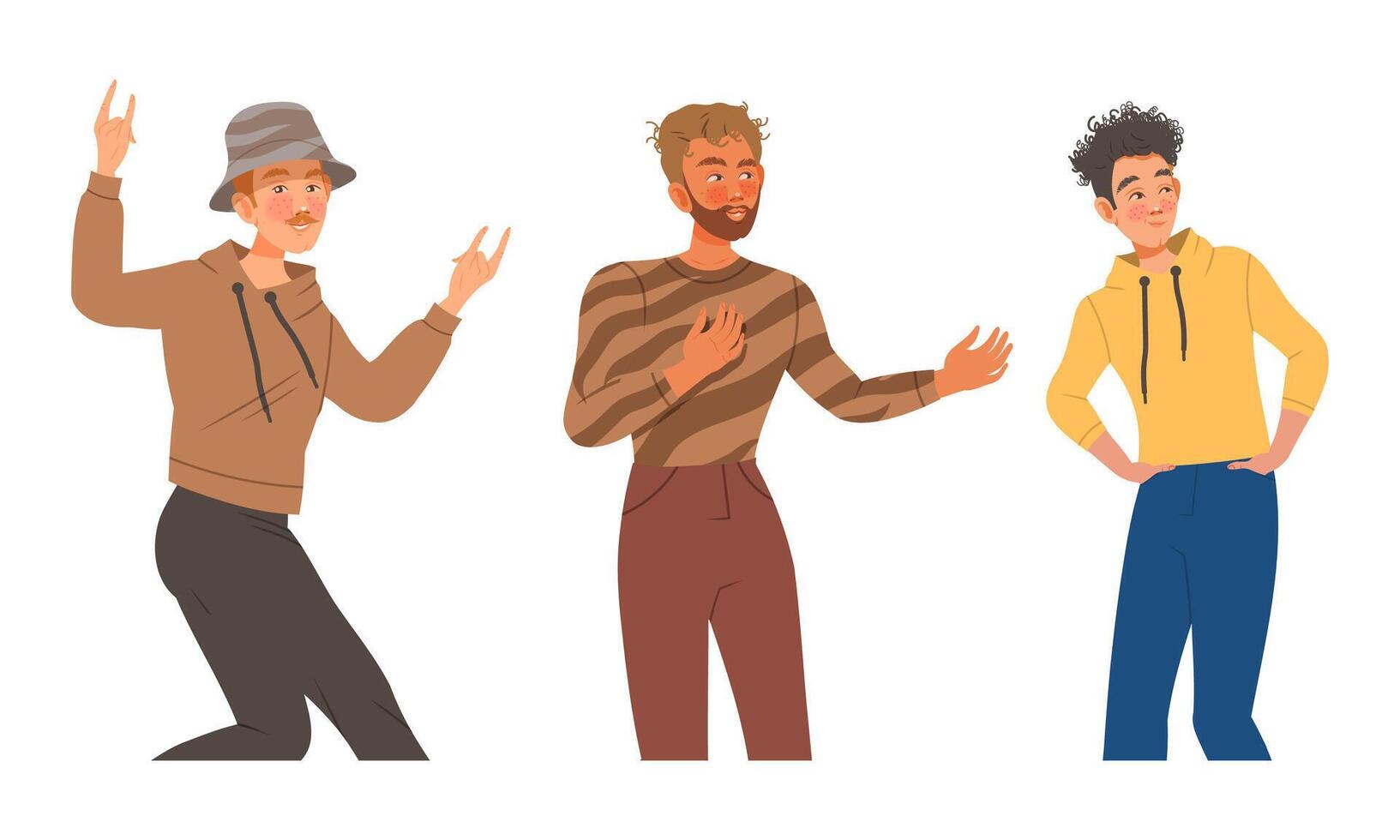 Young men in trendy fashion clothes set. People doing hand gestures illustration vector