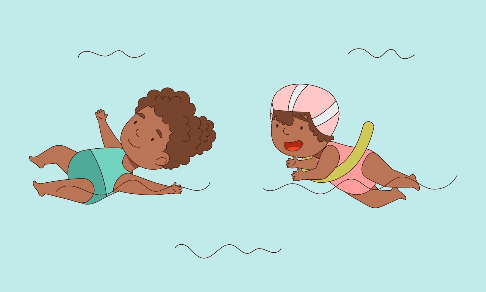 Cute girls swimming in swimming pool. Children performing water sports activity cartoon illustration vector