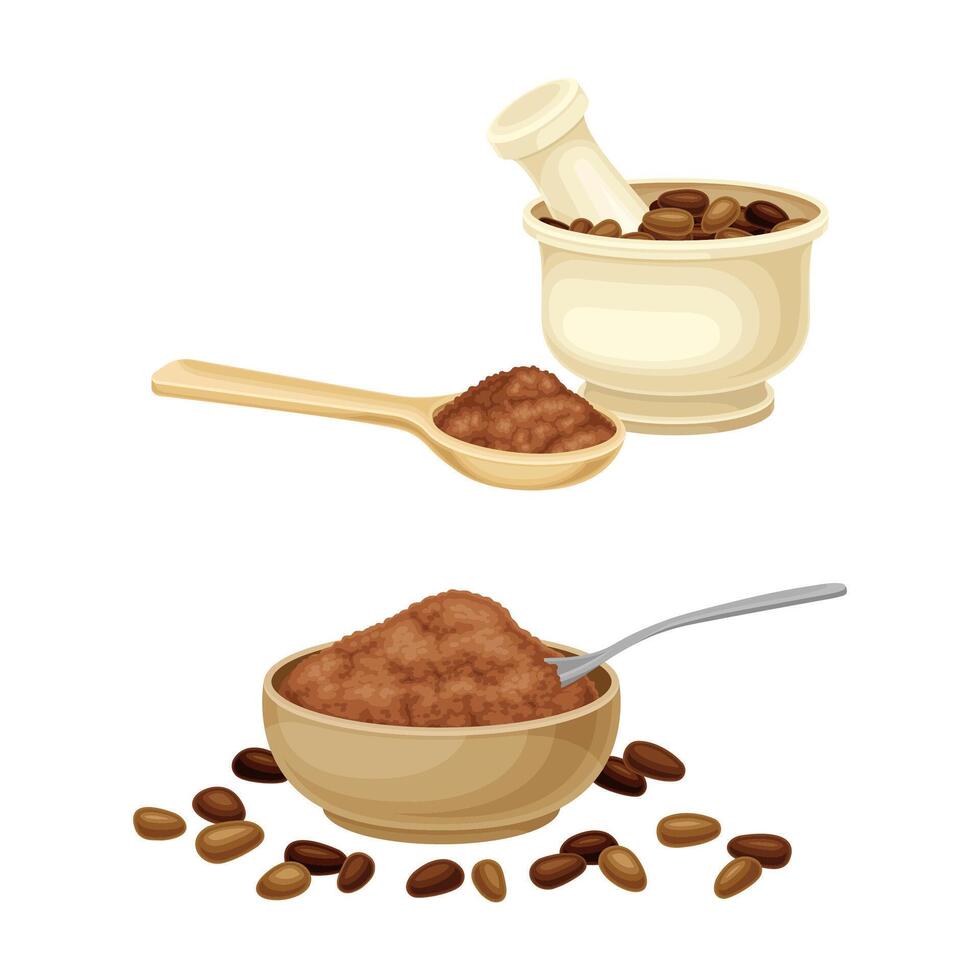 Cocoa products set. Mortar, pestle and cocoa powder illustration vector