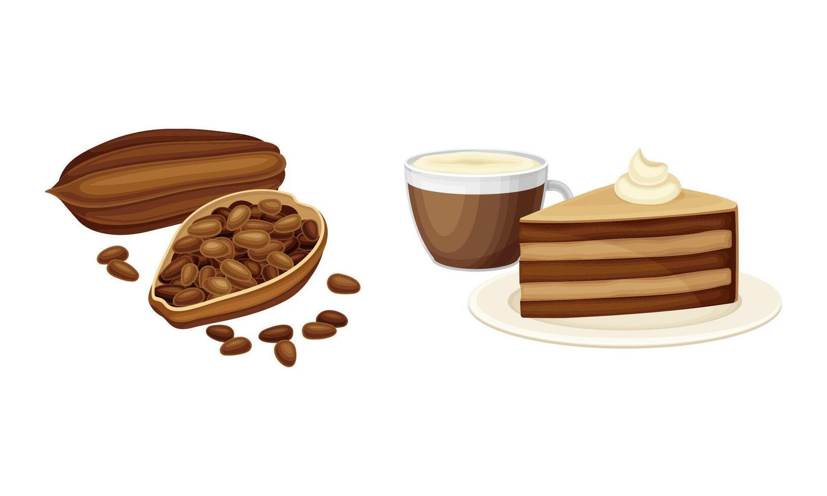 Cocoa products set. Dried beans, chocolate cake, cup of hot drink illustration vector