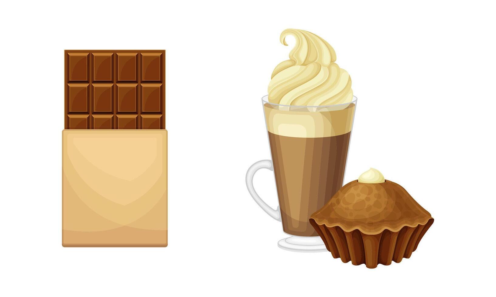 Cocoa products set. Sweet chocolate bar, ice cream and muffin illustration vector
