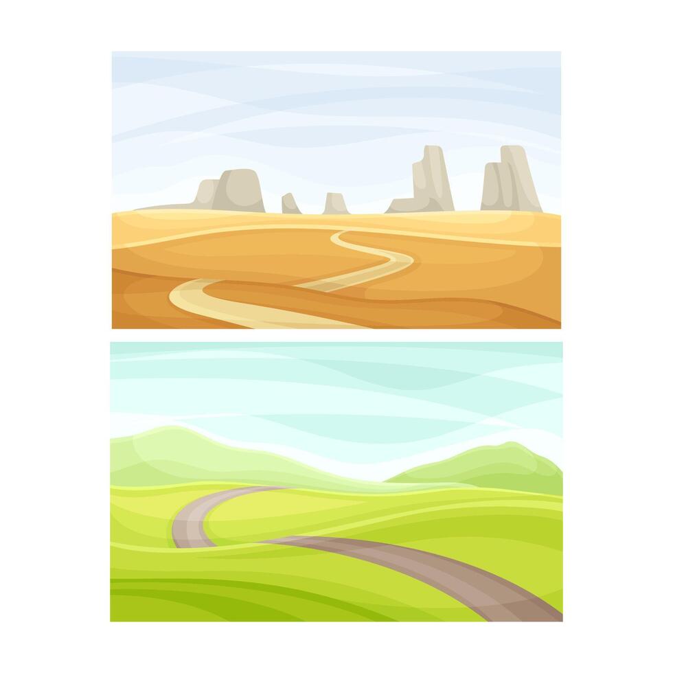 Autumn and summer landscape. Rural yellow and green field and road illustration vector
