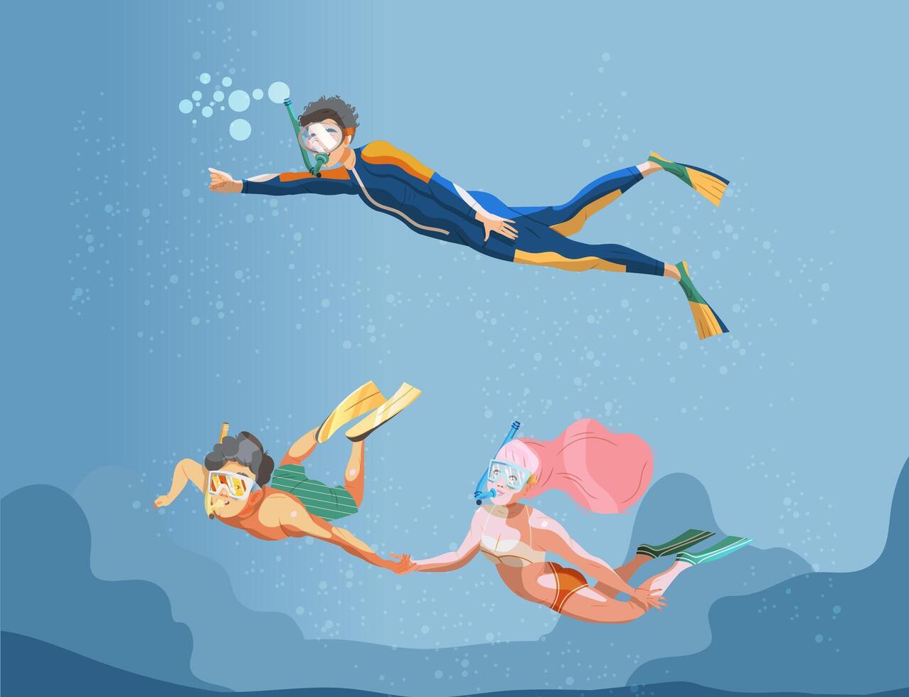 Scuba diver exploring sea depth. People scuba diving and snorkeling illustration vector