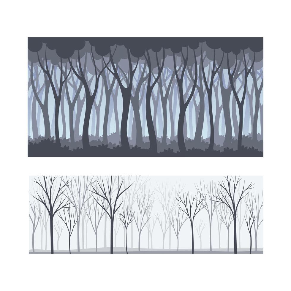 Lifeless forest trees silhouettes set. Early spring, late autumn or winter seamless background illustration vector