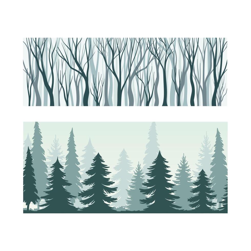 Beautiful seamless background with deciduous and coniferous trees set. Early spring, late autumn or winter landscape design illustration vector