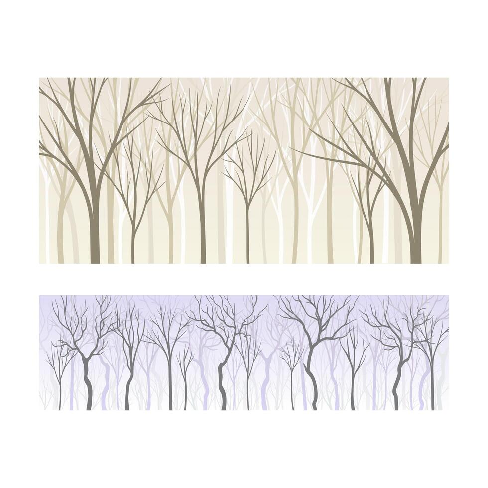 Beautiful monochrome seamless background with lifeless forest trees silhouettes set. Early spring, late autumn or winter landscape design illustration vector