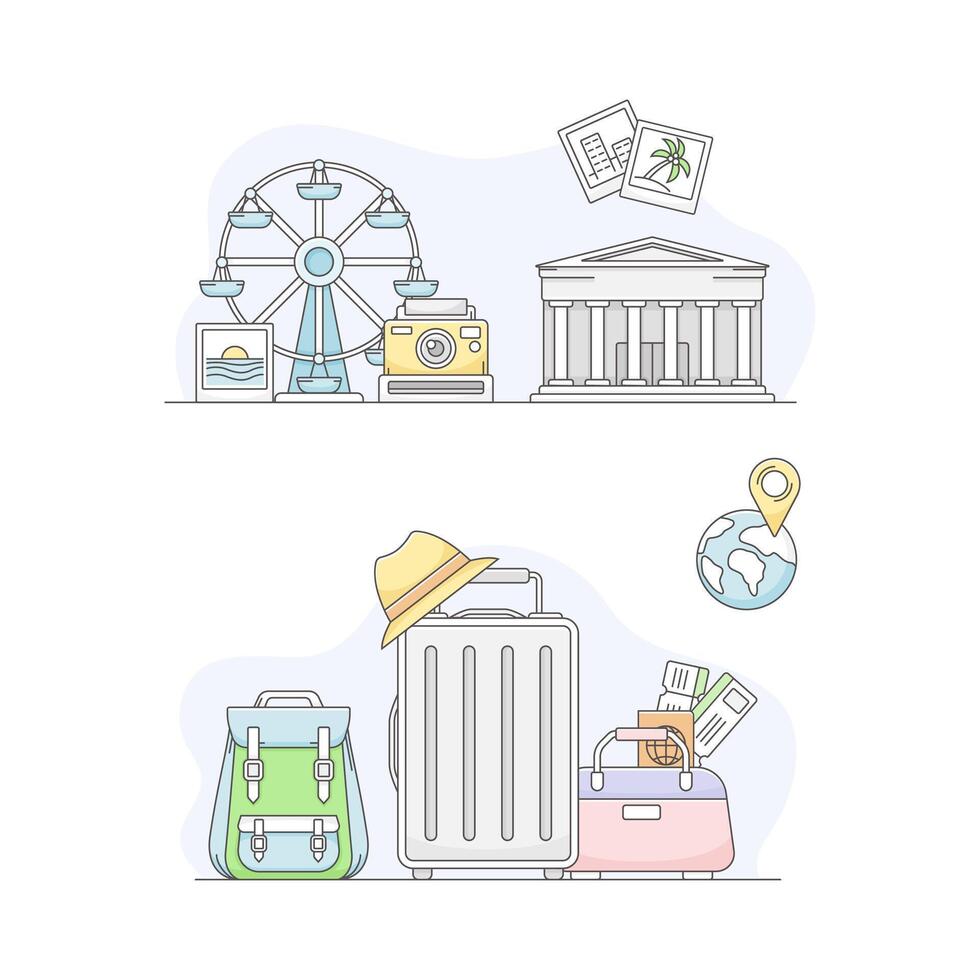Travel and vacation symbols set. Ferris wheel, suitcase and attractions, tourism and journey objects line illustration vector