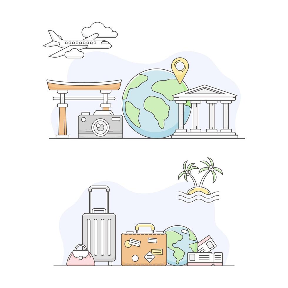 Travel and vacation symbols set. Globe, luggage and attractions, tourism and journey objects line illustration vector
