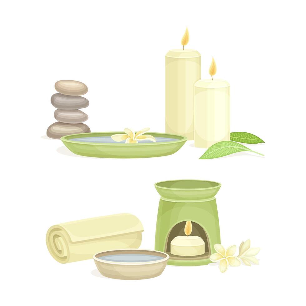 Spa objects set. Smooth pebble stones, towel, aroma candle. Beauty routine and skin care illustration vector