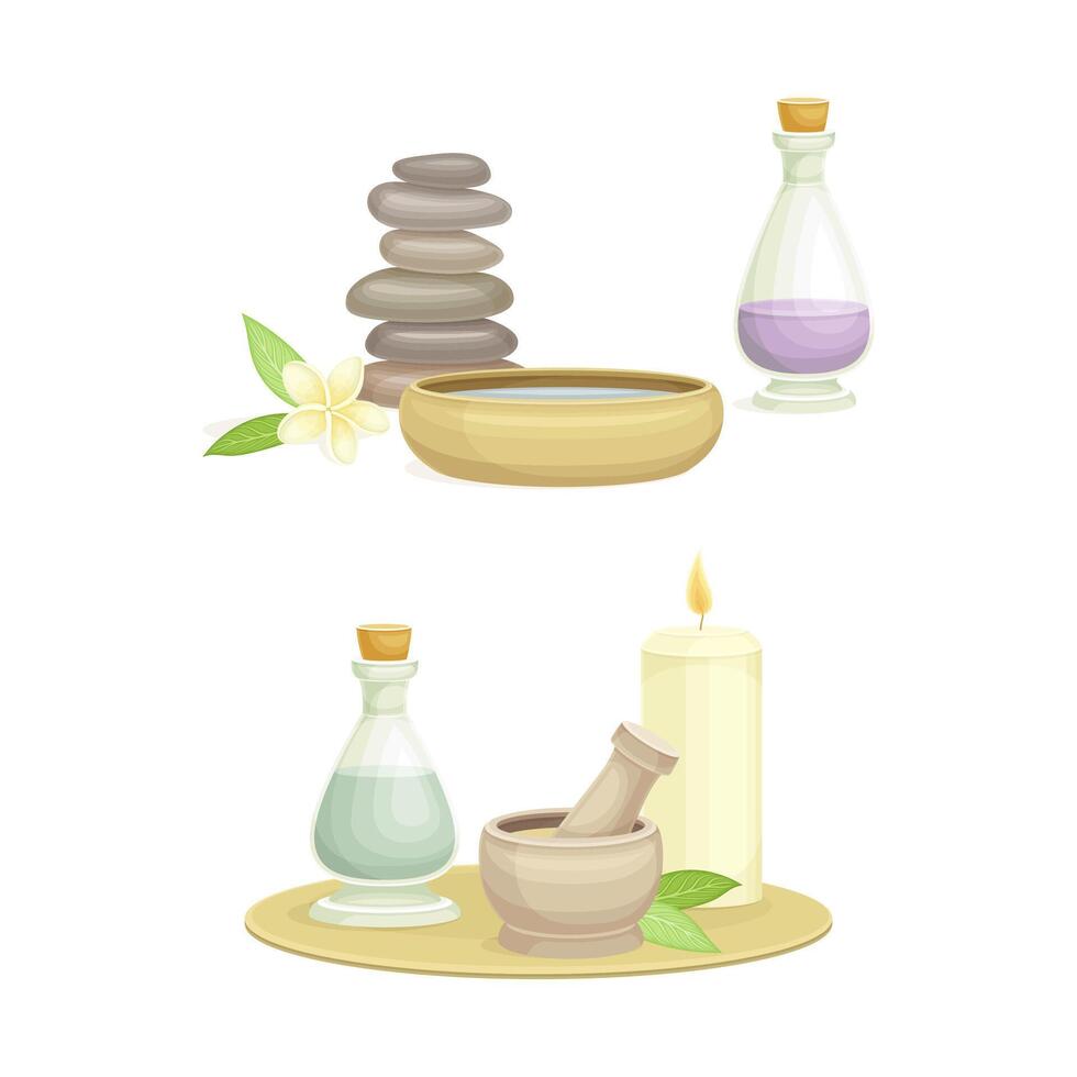 Spa objects set. Smooth pebble stones, mortar and pestle, aroma candle. Beauty routine and skin care illustration vector