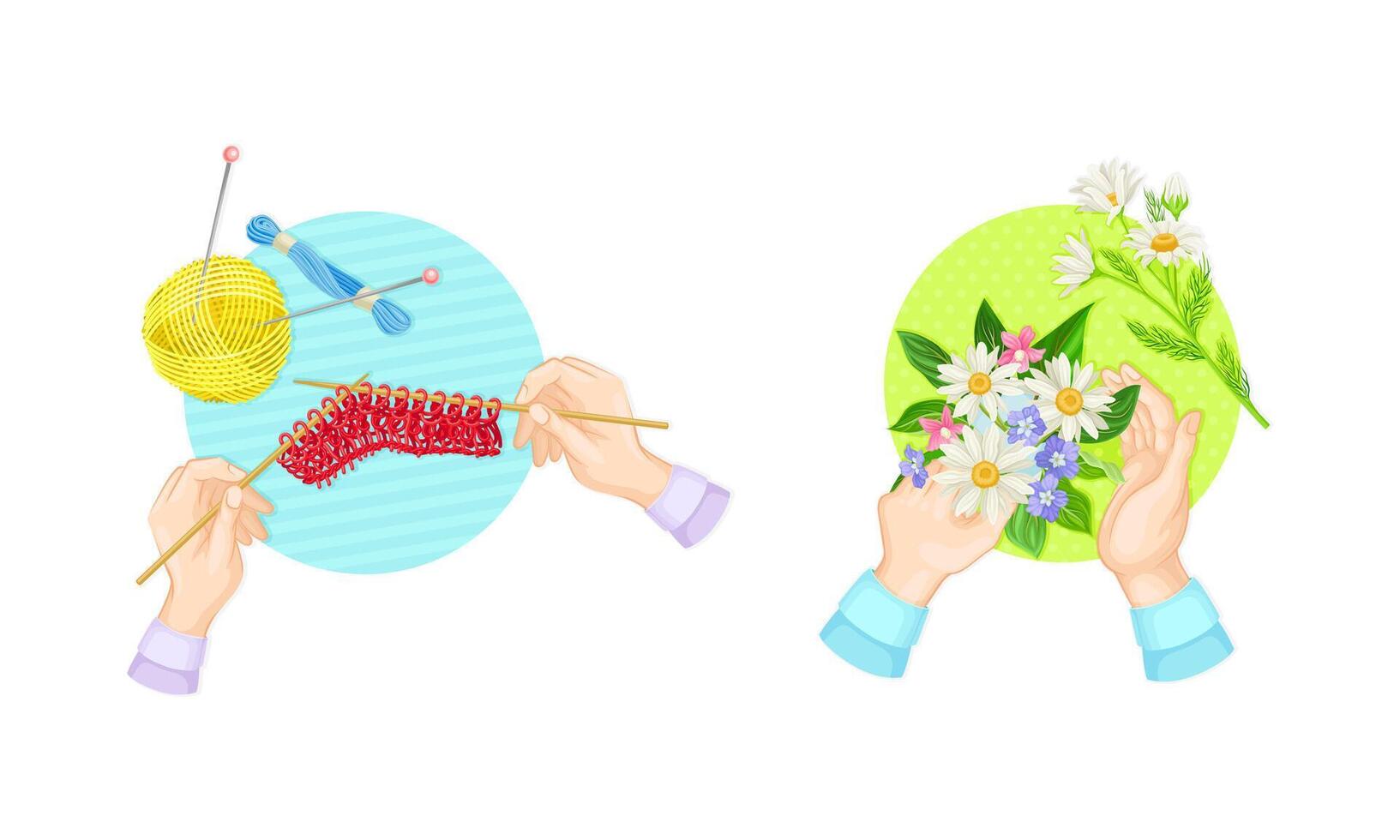 Craft hobbies set. View from above of human hands creating crafts. People knitting and collecting of herbarium cartoon illustration vector