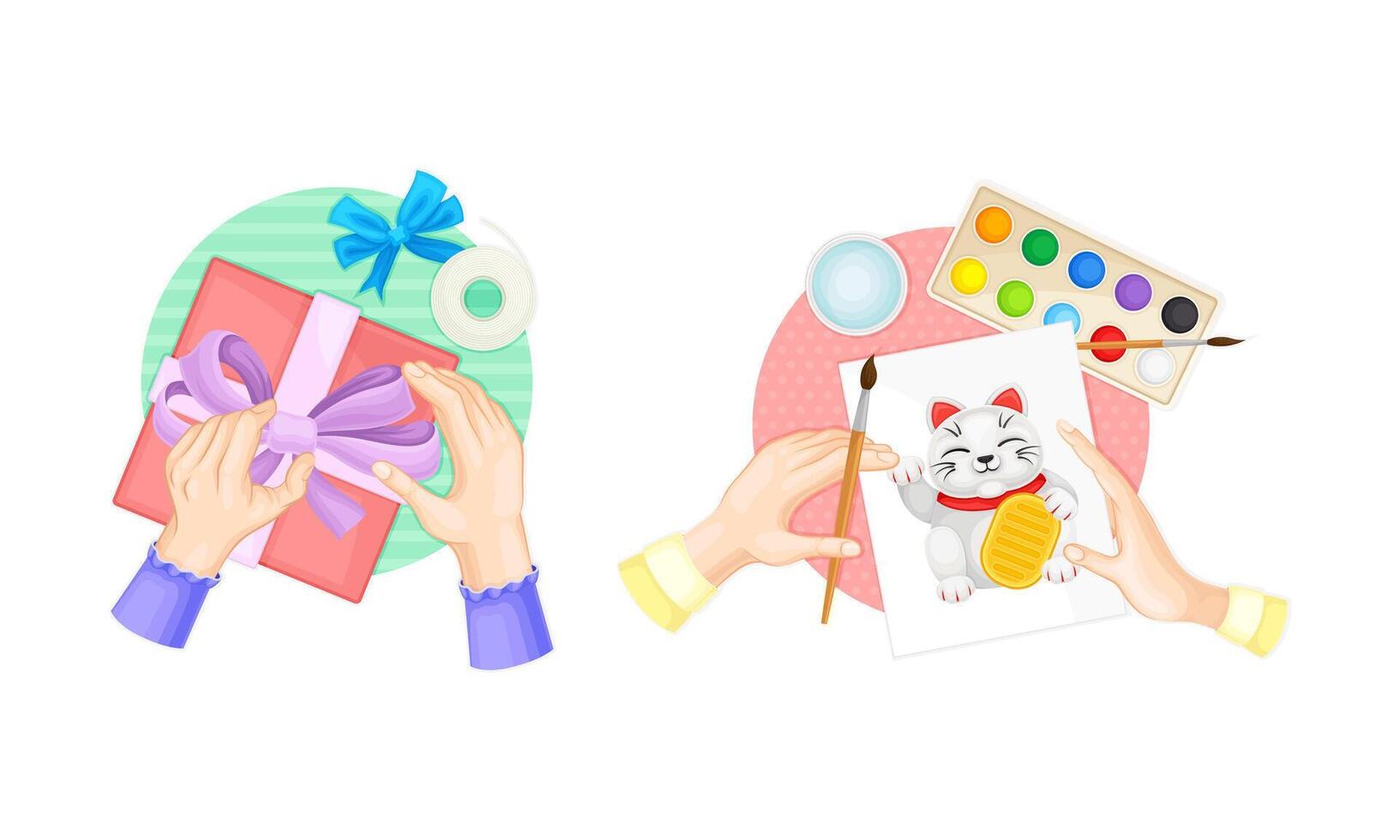 Craft hobbies set. View from above of human hands creating crafts. Box decor and painting cartoon illustration vector
