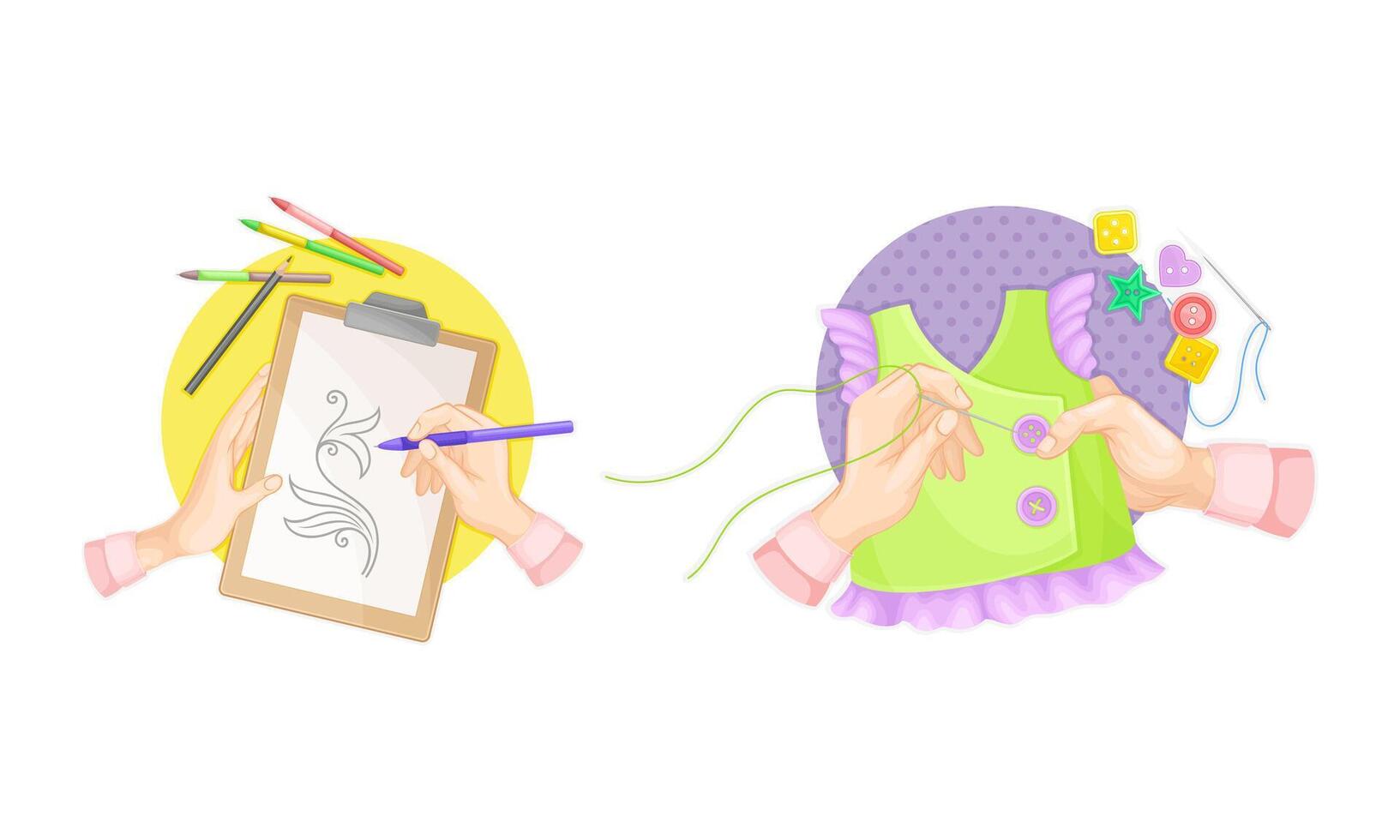 Craft hobbies set. View from above of human hands creating crafts. Drawing and needlework cartoon illustration vector