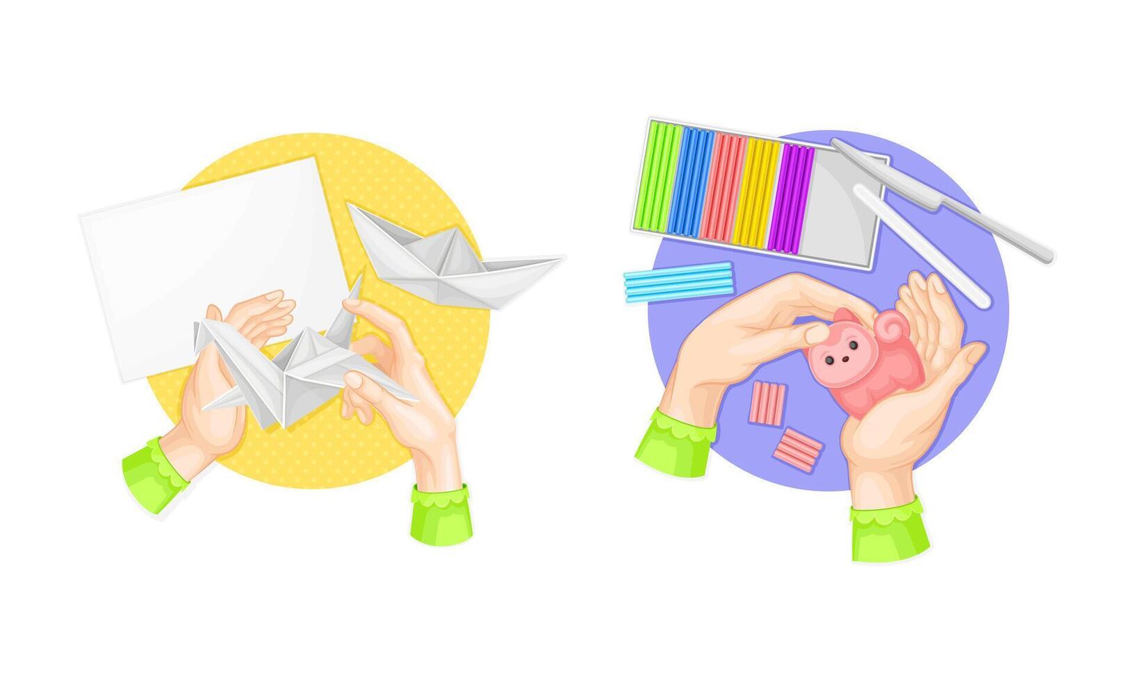 Craft hobbies set. View from above of human hands creating crafts. Origami and plasticine modeling cartoon illustration vector